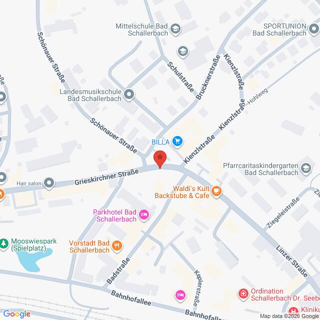 Lehrlingsportal.at Google-Maps-Ansicht des Zentrums von Bad Schallerbach, Österreich, mit einer roten Markierung, die einen Standort in der Nähe von Billa und der Grieskirchner Straße kennzeichnet.
