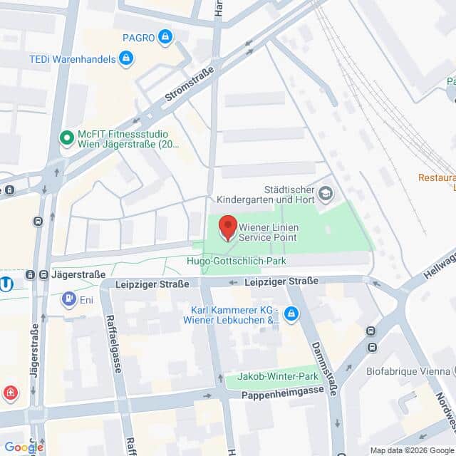 Lehrlingsportal.at Karte mit der Lage des Servicepunkts der Wiener Linien im Hugo-Gottschlich-Park in Wien.