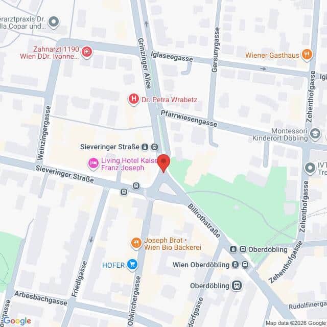 Lehrlingsportal.at Google-Maps-Ansicht des Wiener Stadtteils Sievering mit einer roten Stecknadel, die einen Standort in der Nähe der Kreuzung Sieveringer Straße und Billrothstraße markiert.