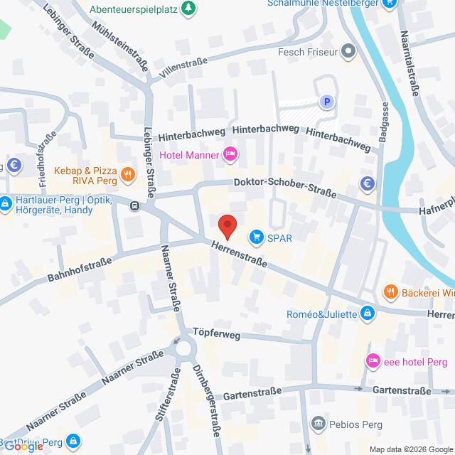 Lehrlingsportal.at Karte mit einer roten Standortmarkierung in der Herrenstraße in Perg, Österreich, umgeben von örtlichen Geschäften und Straßen.