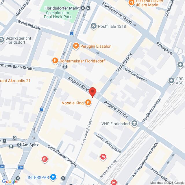 Lehrlingsportal.at Digitale Karte mit einer roten Standortmarkierung an der Angerer Straße in Wien, umgeben von den angrenzenden Straßen und lokalen Sehenswürdigkeiten.