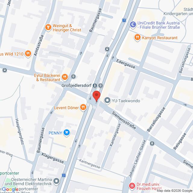 Lehrlingsportal.at Kartenansicht eines Stadtteils in Wien mit einer roten Stecknadel, die einen Standort in der Nähe der Kreuzung Baumergasse/Siemensstraße markiert.