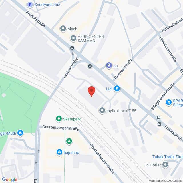 Lehrlingsportal.at Google-Maps-Ansicht der Gegend um die Grestenbergerstraße in Linz, Österreich, mit einer roten Markierung, die einen Standort in der Nähe eines Lidl-Supermarkts kennzeichnet.