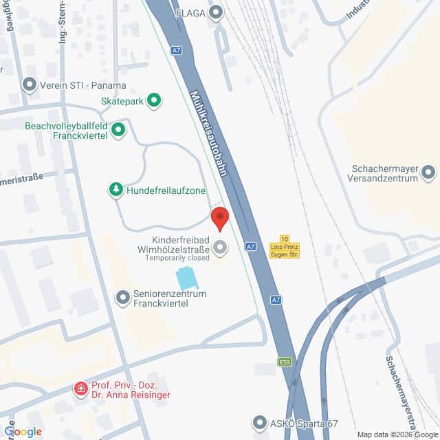 Lehrlingsportal.at Eine Karte, die die Umgebung der Mühlkreisautobahn A7 in Linz zeigt, wobei eine rote Markierung einen Ort in der Nähe des Kinderfreibads in der Wimhölzelstraße kennzeichnet.