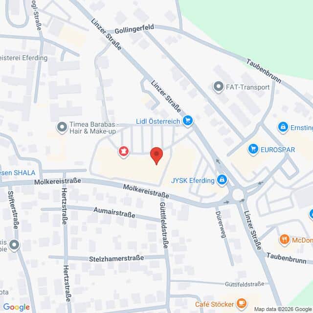 Lehrlingsportal.at Karte, die die Gegend um die Molkereistraße und die Linzer Straße in Eferding zeigt, wobei ein roter Pin einen bestimmten Ort markiert.