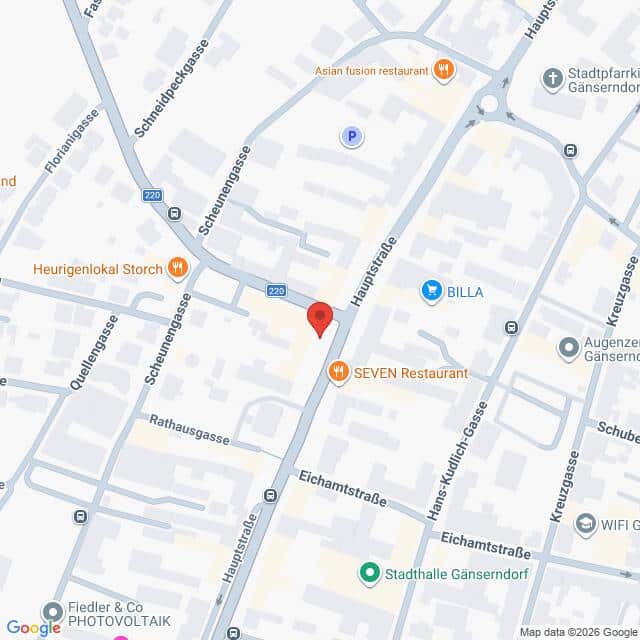 Lehrlingsportal.at Google-Maps-Ansicht des Zentrums von Gänserndorf, mit einer roten Markierung an der Hauptstraße nahe der Kreuzung mit der Rathausgasse.