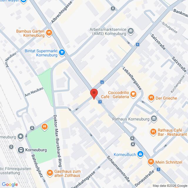 Lehrlingsportal.at Digitale Karte des Stadtzentrums von Korneuburg mit einer roten Markierung, die einen Standort in der Nähe des „Coccodrillo Café-Gelateria“ kennzeichnet.