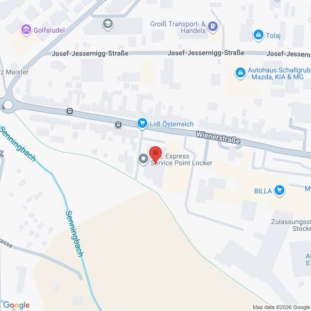 Lehrlingsportal.at Karte mit einer roten Standortmarkierung für einen Express Service Point-Schließfach in der Nähe der Wienerstraße, gekennzeichnet durch nahegelegene Orientierungspunkte wie Lidl und Billa.