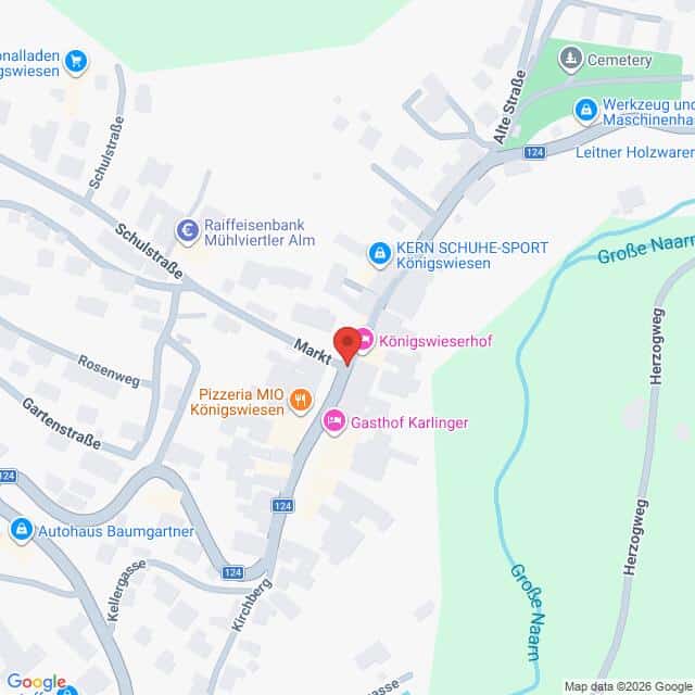 Lehrlingsportal.at Karte von Königswiesen, Österreich, mit Straßennamen und örtlichen Geschäften sowie einer roten Markierung, die einen zentralen Ort kennzeichnet.