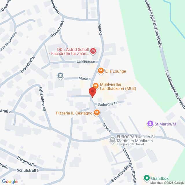 Lehrlingsportal.at Eine Google Maps Street View-Ansicht des Zentrums von St. Martin im Mühlkreis mit einer roten Ortsmarkierung, die eine zentrale Position kennzeichnet.