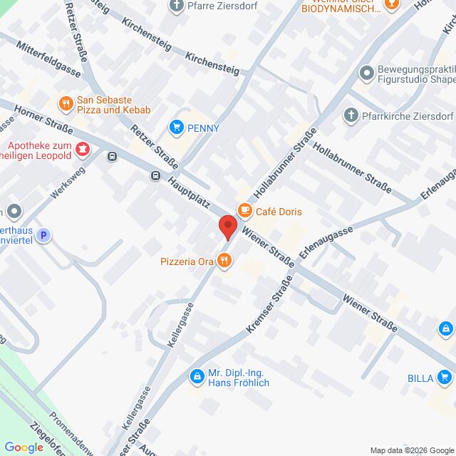 Lehrlingsportal.at Karte der Umgebung des Hauptplatzes in Ziersdorf, Österreich, mit einer roten Markierung an einer Stelle nahe der Kreuzung von Wiener Straße und Hollabrunner Straße.