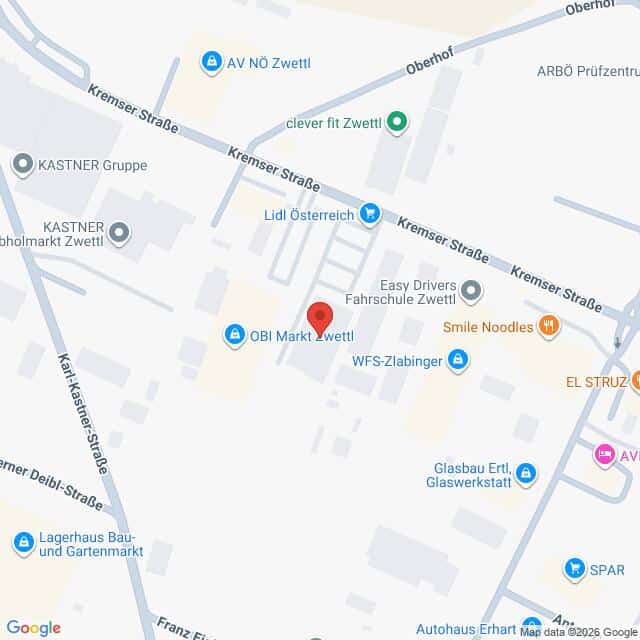 Lehrlingsportal.at Google Maps-Ansicht der Umgebung des OBI-Markts in Zwettl, markiert durch eine rote Standortmarkierung.