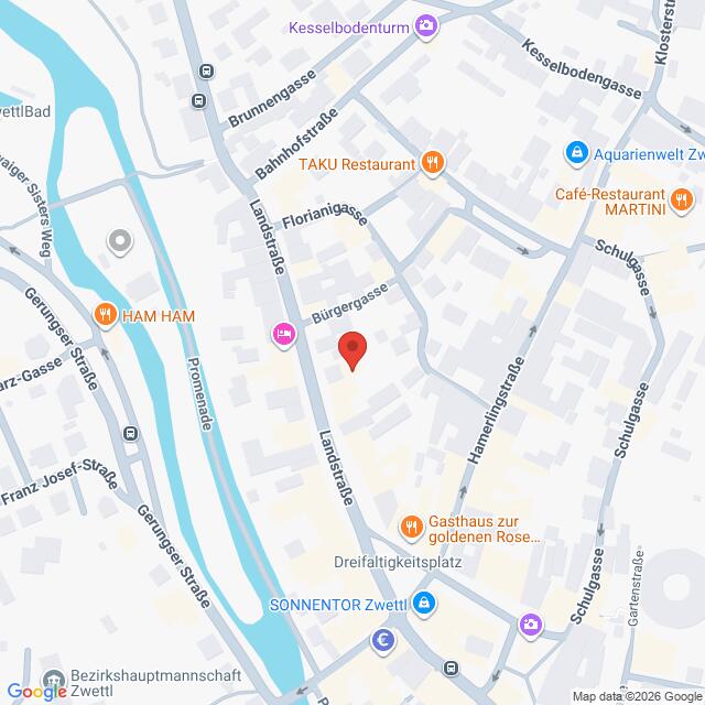 Lehrlingsportal.at Eine Google-Maps-Ansicht des Zentrums von Zwettl (Österreich) mit Straßen, einem Fluss und einer roten Markierung, die einen Ort in der Bürgergasse kennzeichnet.
