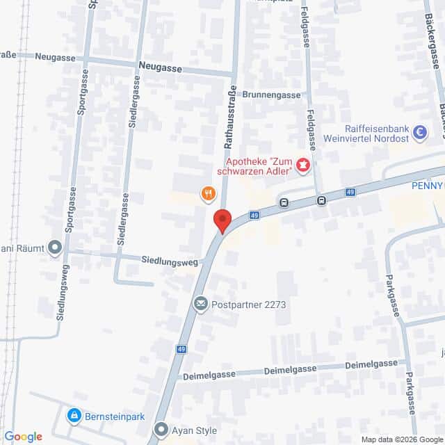 Lehrlingsportal.at Eine Karte, in deren Mittelpunkt eine rote Stecknadel steht, die einen Ort am Siedlungsweg markiert, umgeben von Straßen in der Nachbarschaft und lokalen Sehenswürdigkeiten.