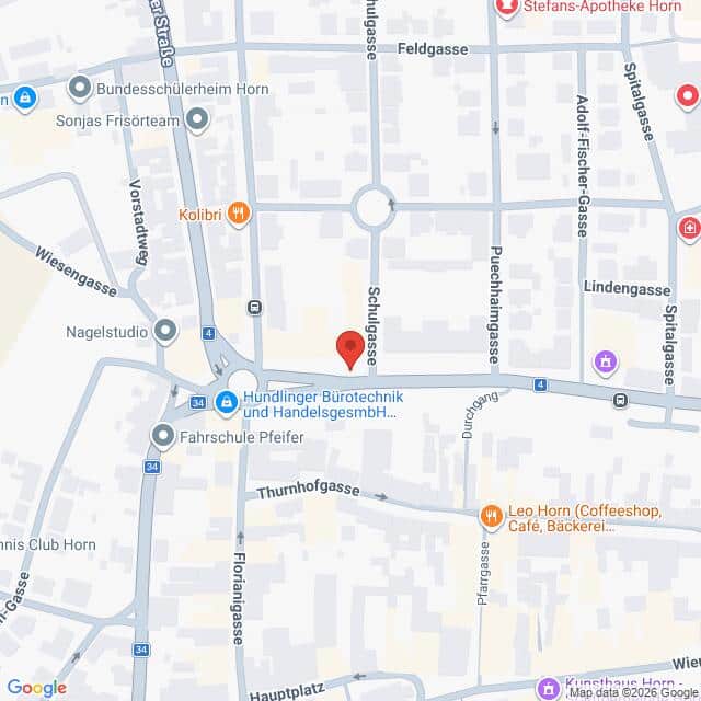 Lehrlingsportal.at Google-Maps-Ansicht eines Stadtviertels in Horn, Österreich, mit einer roten Stecknadel, die einen Ort in der Nähe der Kreuzung von Schulgasse und Thurnhofgasse markiert.