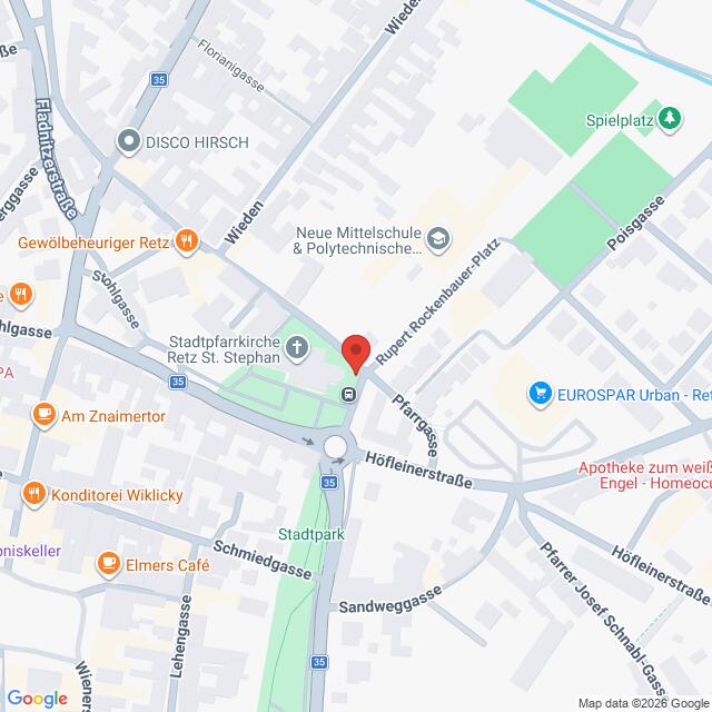 Lehrlingsportal.at Eine Google-Maps-Ansicht von Retz (Österreich), zentriert auf eine rote Ortsmarkierung an der Kreuzung von Rupert-Rockenbauer-Platz und Höfleiner Straße.