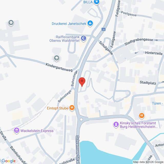 Lehrlingsportal.at Eine digitale Karte mit der Bahnstiege in Heidenreichstein als Mittelpunkt, auf der ein Ort mit einer roten Stecknadel markiert ist.